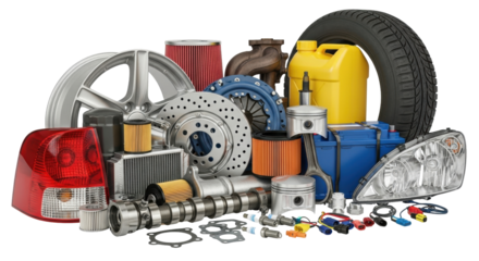 Isolated assortment of new car parts to repair various automotive vehicles, no background