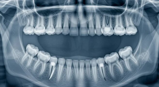 Dental Examination Panoramic X-Ray Image Displaying Teeth and Jaw Structure