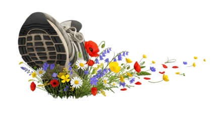 Running shoe over flowers nature walk concept for active lifestyle and healthy outdoor activities image