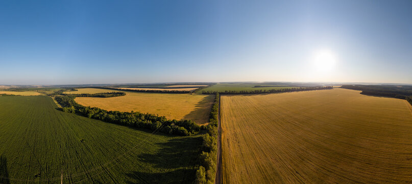 Aerial wide farmland panorama in Ukraine with golden and green crops, rural agriculture landscape