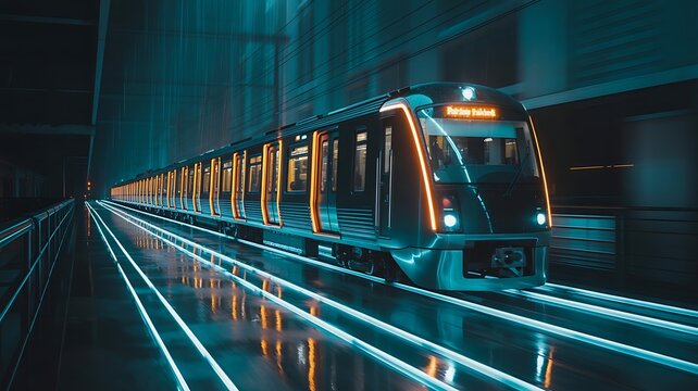 Futuristic train illuminated by neon lights subway