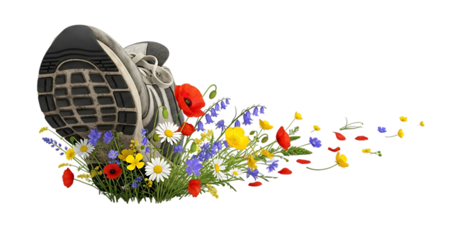 Running shoe over flowers nature walk concept for active lifestyle and healthy outdoor activities image