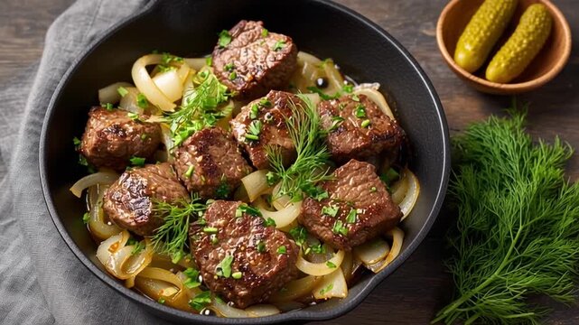 Culinary Delight: A top-down view of savory roasted beef cubes with caramelized onions, enhanced with fresh dill, and pickled cucumber creating a rich feast on a wooden table.