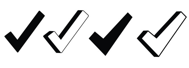 Set of Black and White Check Mark and Tick Icons in Solid and Outline Styles Representing Validation, Approval and Success – Minimal Silhouette Vector Illustration