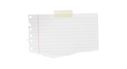 Torn lined notebook paper sheet attached with masking tape blank note isolated on transparent background