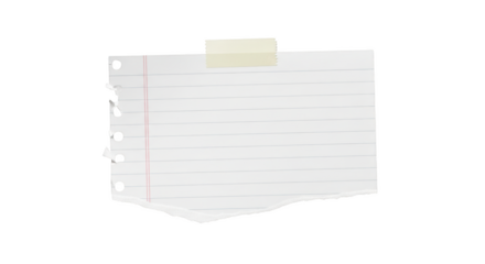 Torn lined notebook paper sheet attached with masking tape blank note isolated on transparent background