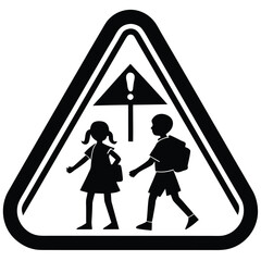 Black and White School Crossing Sign Depicting a Girl and Boy Silhouette Walking Safely