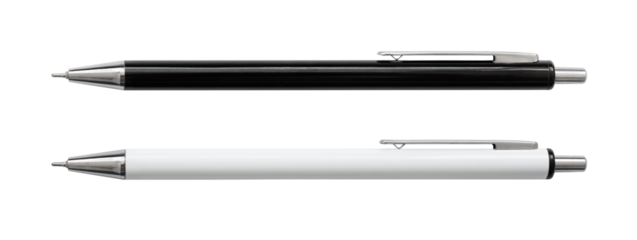 Ballpoint pen isolated in transparent PNG, top view of two pens, business office desk design element