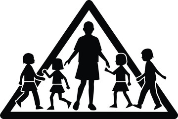 Black and White School Crossing Sign Depicting Children with a Crossing Guard Present
