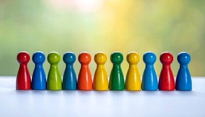 Colorful wooden figures arranged in a row against a blurred background