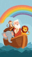 The Ark and the Animals: A whimsical illustration depicts the biblical ark afloat on the waves, brimming with cheerful animals, all under a vibrant rainbow, symbolizing faith, hope.