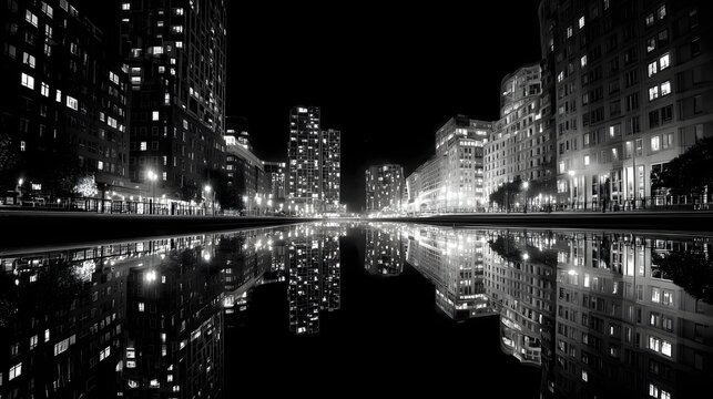 Fototapeta Illuminated city skyscrapers and buildings are reflected in a body of water, creating a symmetrical and visually striking nighttime urban landscape under a dark, moody sky.