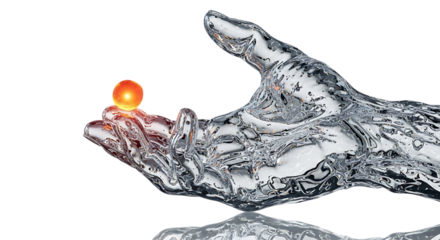 Liquid metal hand holding glowing orb digital art rendering for design projects