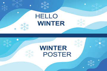 Winter Design. Winter poster template with blue gradient waves and snowflakes. Seasonal holiday banner layout for greetings, marketing and festive promotion. Vector illustration.