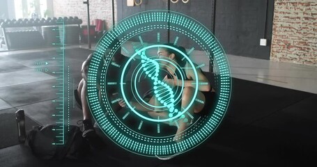 Two athletes in gym tapping smartphone checking fitness data for feedback with clear DNA helix HUD - Powered by Adobe