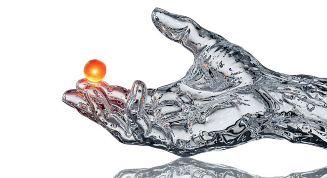 Liquid metal hand holding glowing orb digital art rendering for design projects