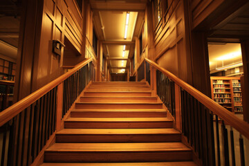 Obraz premium Elegant wooden staircase in classic library interior with warm lighting