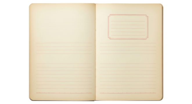 Isolated open vintage blank journal with lines ready for copy, retro style notebook pad