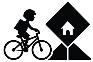 Black and White Silhouette Boy Riding Bicycle Past House Icon Symbol