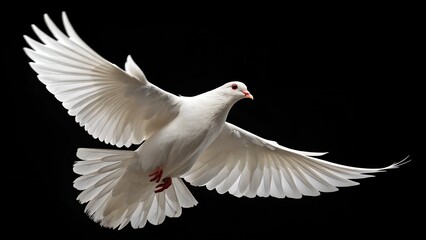Fototapeta premium Dramatic White Dove in Flight on Black Background, Symbol of Peace and Freedom