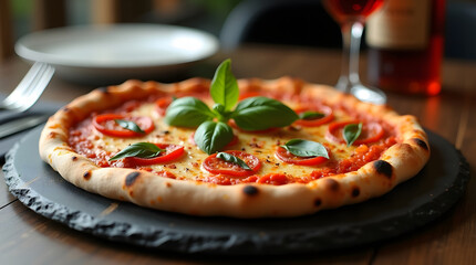 Authentic Neapolitan Pizza Fresh Basil and Tomato on a Slate Platter, Paired with Red Wine Gourmet Dinner Setting Classic Margherita with Charred Crust on a Dark Wood Table