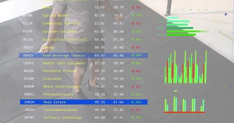 Swinging rope, man jumping while AR overlay updating financial data visualizing market trends
