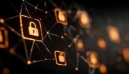 Digital network, email security concept, protecting mail communication. Digital network with glowing email and lock icons connected by lines.