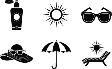 Black and White Summer Icon Vector Set Featuring Sunscreen, Sunglasses, Sun Hat, Beach Umbrella, Lounge Chair, Sun, and Relaxation