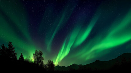 Beautiful green aurora borealis in night sky, suitable for nature themed designs or backgrounds, inspiring relaxation and wonder in viewers.