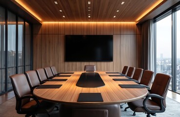Modern luxury board room with oval wood table, brown leather chairs arranged around. Large screen on wood wall panel. Overhead lights glow warm. City view from window. Empty conference hall ready for