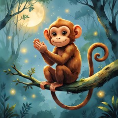 A playful monkey clapping his hands together softly, smiling as he creates a raindrop-like rhythm. He sits on a tree branch, tail curled.