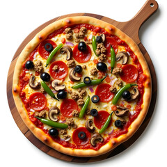 Gourmet Loaded Supreme Pizza Flat Lay of Pepperoni, Sausage, Mushroom, and Whole Chiles on a Wooden Peel Bright and Isolated Whole Pizza Overhead View with Vivid Toppings on a White Background