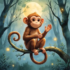 A playful monkey clapping his hands together softly, smiling as he creates a raindrop-like rhythm. He sits on a tree branch, tail curled.