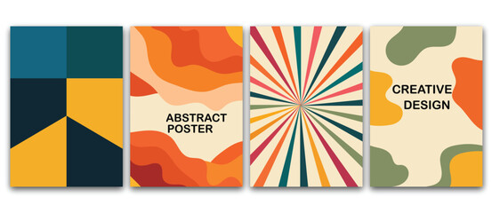 Abstract poster collection with geometric blocks, retro sunburst rays, fluid wave shapes and creative organic layouts. Modern vector design templates for branding, posters and digital artwork.