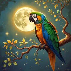 A colorful parrot perched on a branch, wings slightly open, singing a soft, sweet tune. The moon glows behind her. parrot on a branch.
