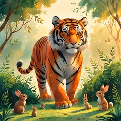 A striped tiger stepping out of the bushes. Instead of looking fierce, she is calm and friendly, purring gently. Small animals watch her with trust. tiger in the woods.
