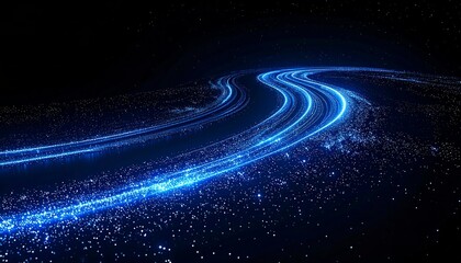 Abstract blue light trails curving across dark space background design