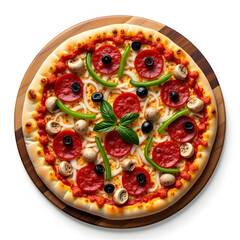 Isolated Supreme Pizza Overhead View with Pepperoni, Mushroom, Olive, and Basil on White Perfectly Topped Classic Pizza Pie Flat Lay Composition on Wooden Board