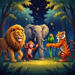 All five animals lion, elephant, monkey, parrot, and tiger performing together in the clearing. Fireflies glow around them like lanterns.