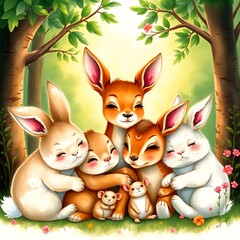 Rabbits, deer, and tiny mice cuddled together, eyes closing as they listen to the magical lullaby in the peaceful forest.