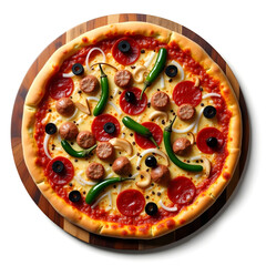 Vibrant Overhead View of a Deluxe Supreme Pizza Pepperoni, Sausage, Olives, and Jalapeño on Wood Perfectly Topped Round Pizza on Cutting Board Fresh Ingredients, Isolated on White Background