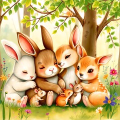Rabbits, deer, and tiny mice cuddled together, eyes closing as they listen to the magical lullaby in the peaceful forest.