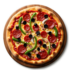 Vibrant, Fully Loaded Supreme Pizza Pepperoni, Olives, and Green Peppers on Rustic Wooden Peel Top-Down Perfection Classic Meat and Vegetable Pizza Isolated on White for Menu Design