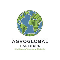 Agroglobal Partners Logo with Stylized Green and Blue Earth Globe and 'Cultivating Tomorrow' Tagline, Flat Vector Elements, Vector Illustration, Simple Vector, Stylized Vector Drawing, Vector