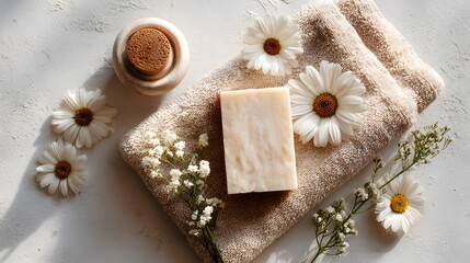 A still life composition presents a natural bar of soap resting on a folded beige towel, surrounded by delicate white daisies and sprigs of baby's breath, alongside a wooden container, all artfully...