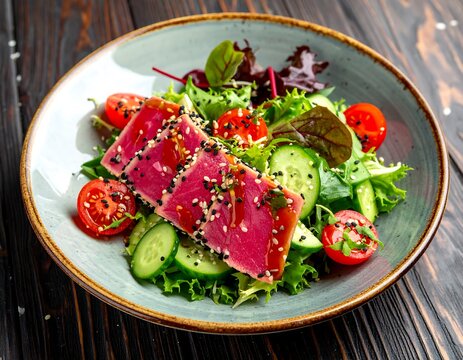 Fresh tuna salad with vegetables on a plate