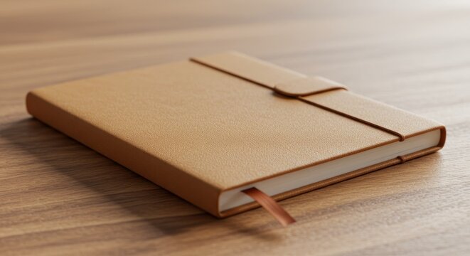 A  shot features a stylish, closed notebook with a tan leather cover lying diagonally on a textured wooden surface, highlighting its elegant design and soft, neutral color palette.