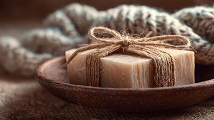 Rustic handmade soap is presented tied with natural twine, nestled in a wooden bowl, complemented by a knitted texture backdrop.