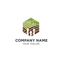 Modern Agricultural Farm Logo Design featuring Green Fields, Brown Soil, and Upward Growth Arrows within a Hexagon Shape, suitable for Agritech and Sustainable Farming Companies, Flat Vector