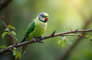 Obraz premium Green monk parakeet bird perches on thin tree branch. Parrot looks to side with red beak. Small leaves surround bird in natural outdoor environment.